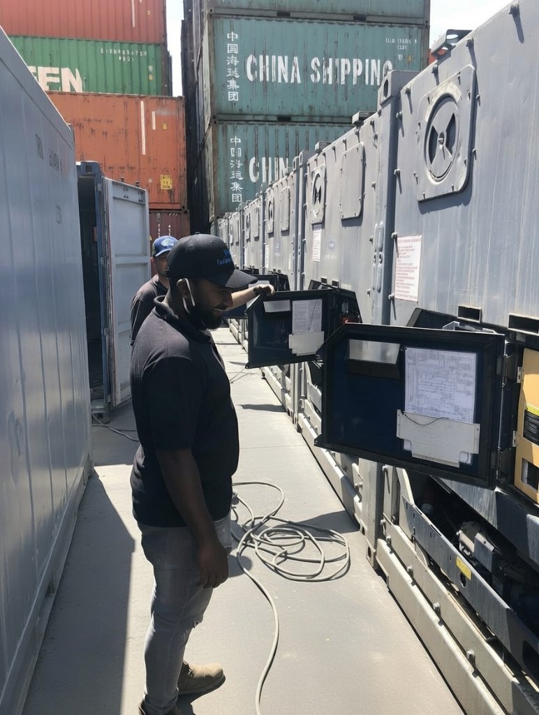 AquaCat service technician inspecting reefer compressor unit at Ballito depot, China Shipping container backdrop