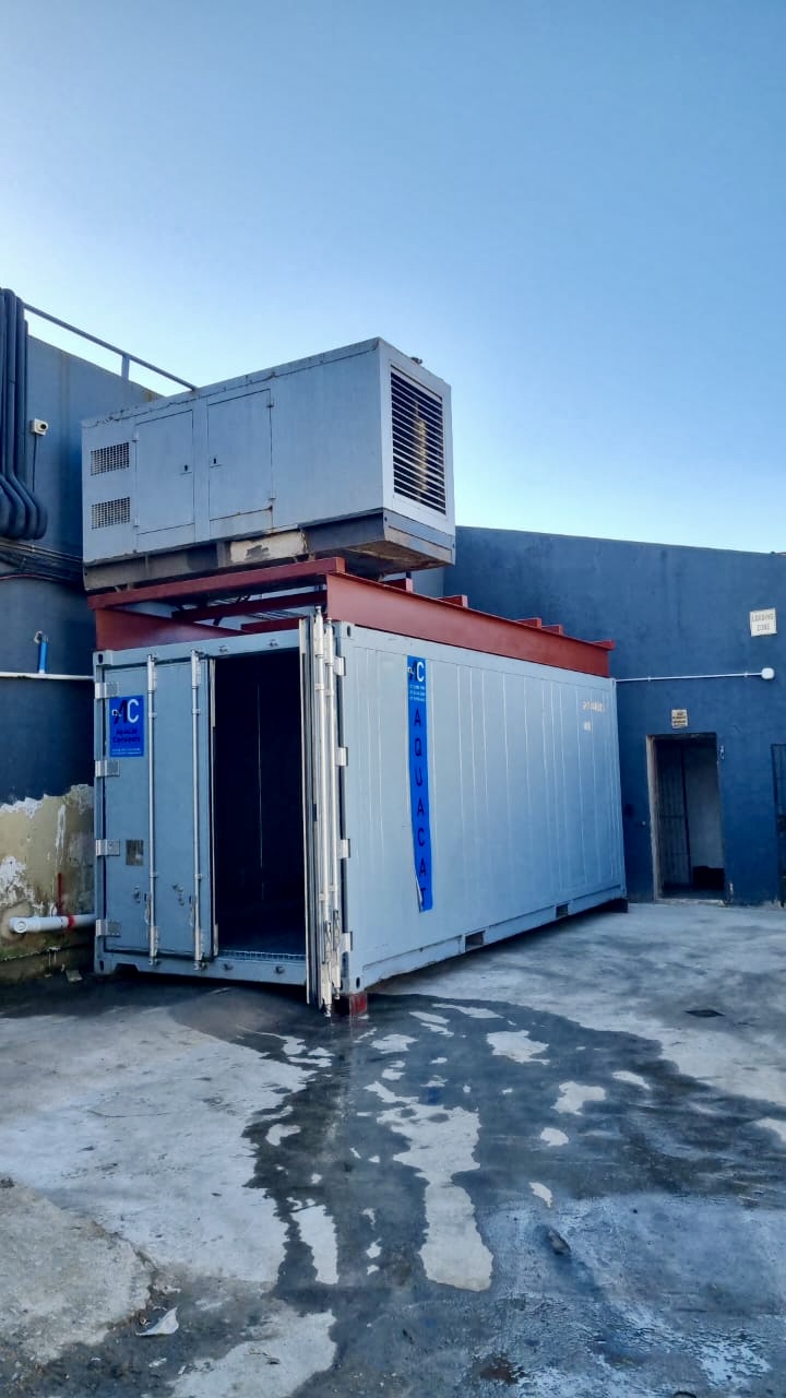 AquaCat reefer container with doors open at a butchery cold storage site